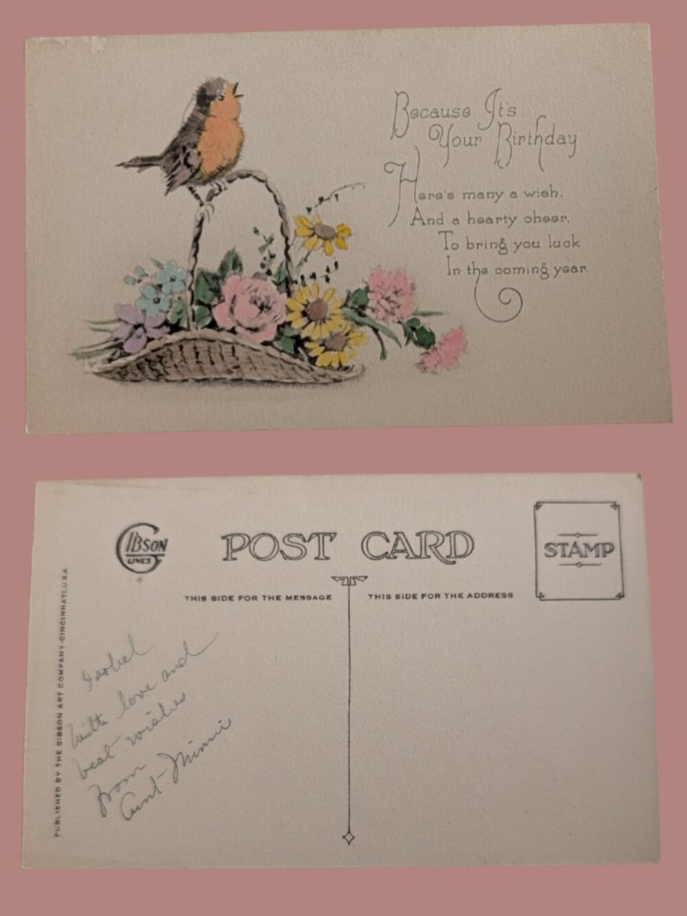 10/$25 Vintage Marked Mid-Century Modern Birthday Watercolour Postcard